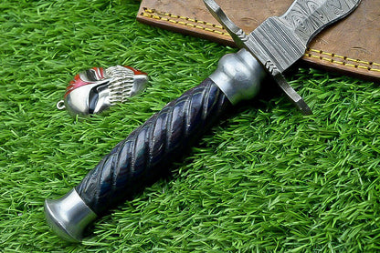 15" Damascus Steel Kris Bowie Knife | Wood Handle & Sheath