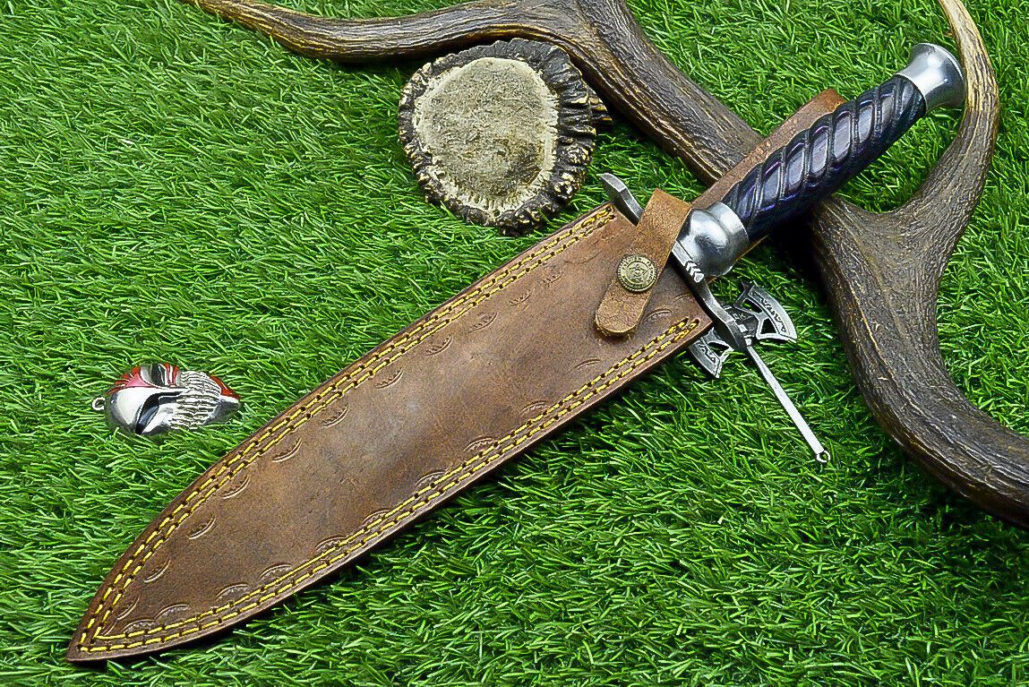 15" Damascus Steel Kris Bowie Knife | Wood Handle & Sheath