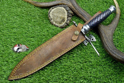 15" Damascus Steel Kris Bowie Knife | Wood Handle & Sheath