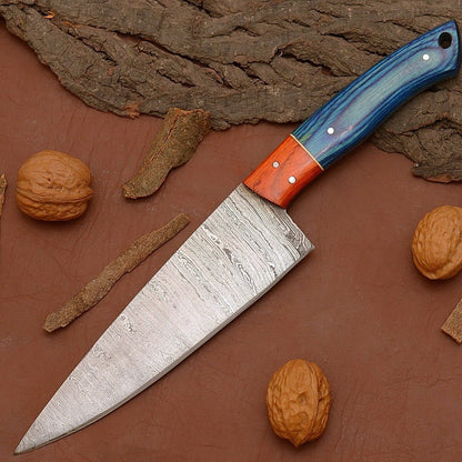 Damascus Steel Chef Knife – 12" Custom Kitchen Knife with Wooden Handle & Leather Sheath