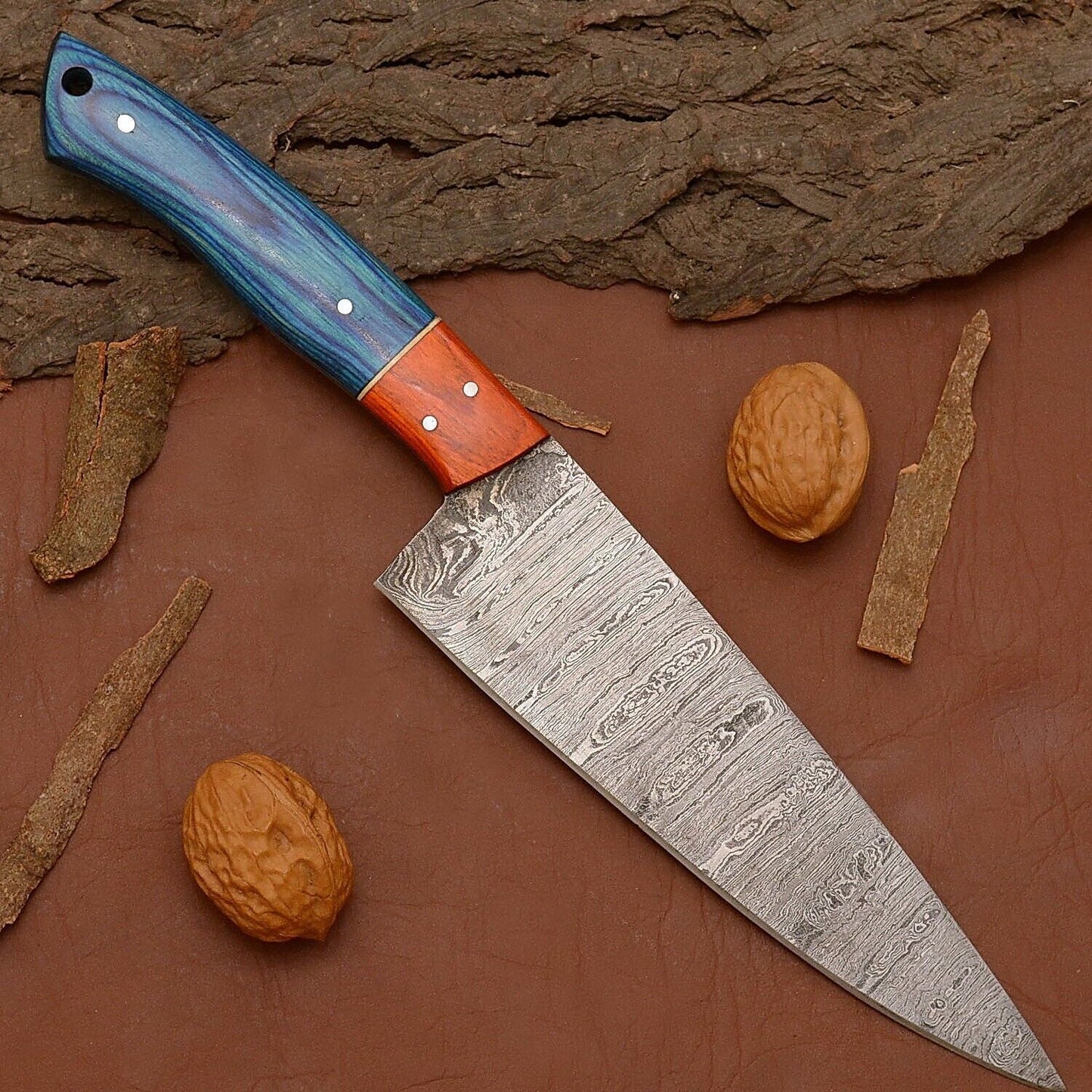 Damascus Steel Chef Knife – 12" Custom Kitchen Knife with Wooden Handle & Leather Sheath