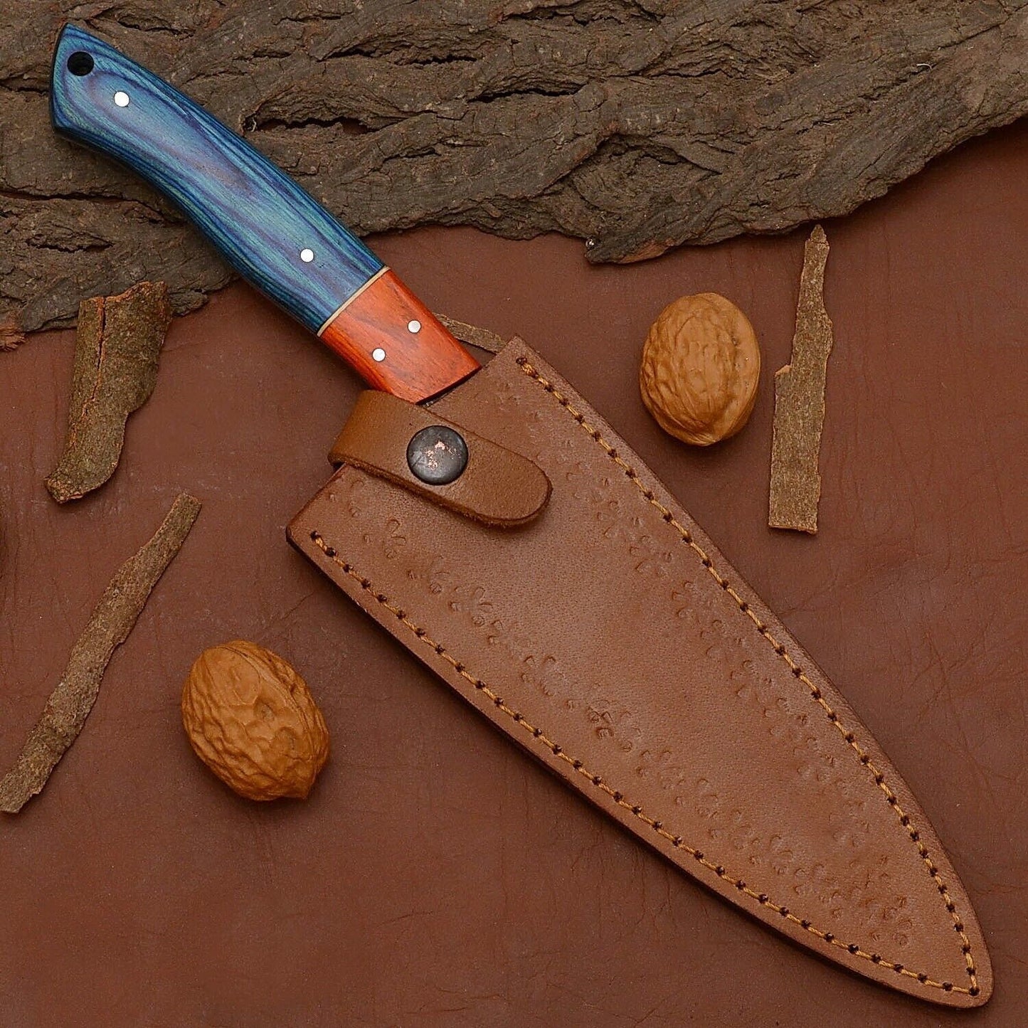 Damascus Steel Chef Knife – 12" Custom Kitchen Knife with Wooden Handle & Leather Sheath