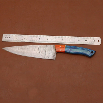 Damascus Steel Chef Knife – 12" Custom Kitchen Knife with Wooden Handle & Leather Sheath