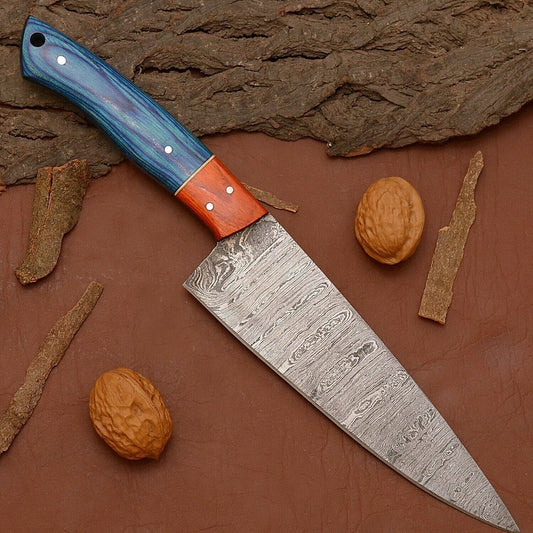 Damascus Steel Chef Knife – 12" Custom Kitchen Knife with Wooden Handle & Leather Sheath