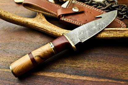 10" Damascus Hunting Bowie Knife – Olive Wood Handle with Leather Sheath
