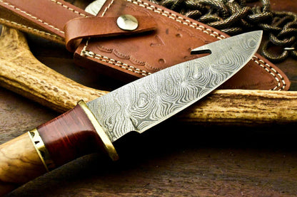10" Damascus Hunting Bowie Knife – Olive Wood Handle with Leather Sheath