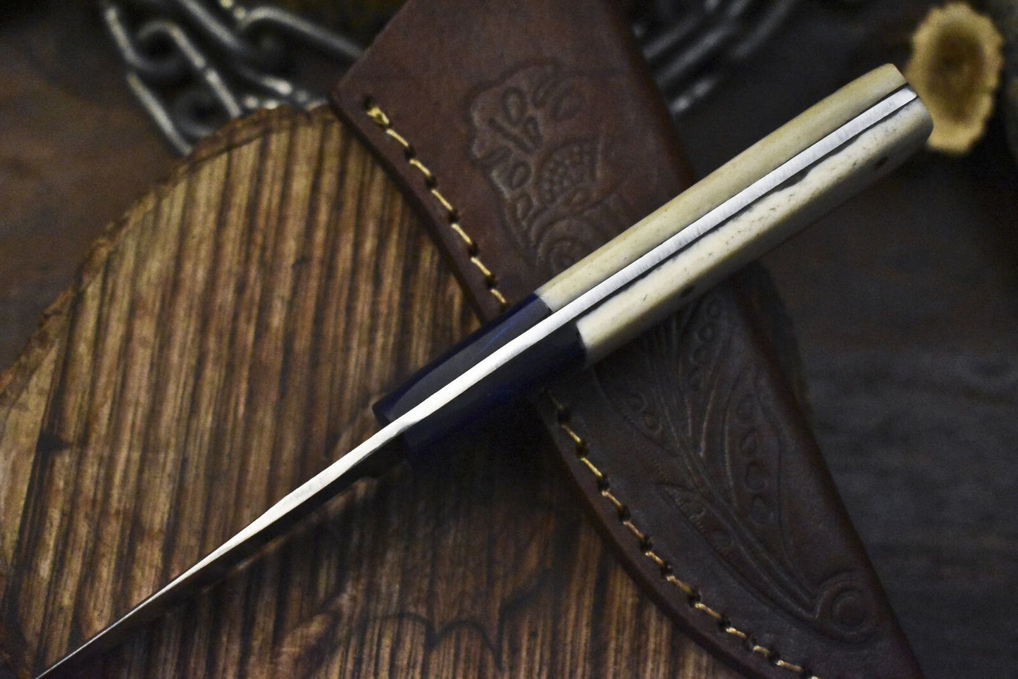 Custom Hand Forged Skinner Knife – AUS-8 Steel, Bone & Wood Handle with Micrata Bolster, 8" EDC Knife