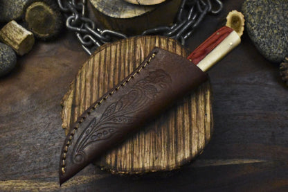 Custom Hand Forged Skinner Knife – AUS-8 Steel, Bone & Wood Handle with Micrata Bolster, 8" EDC Knife