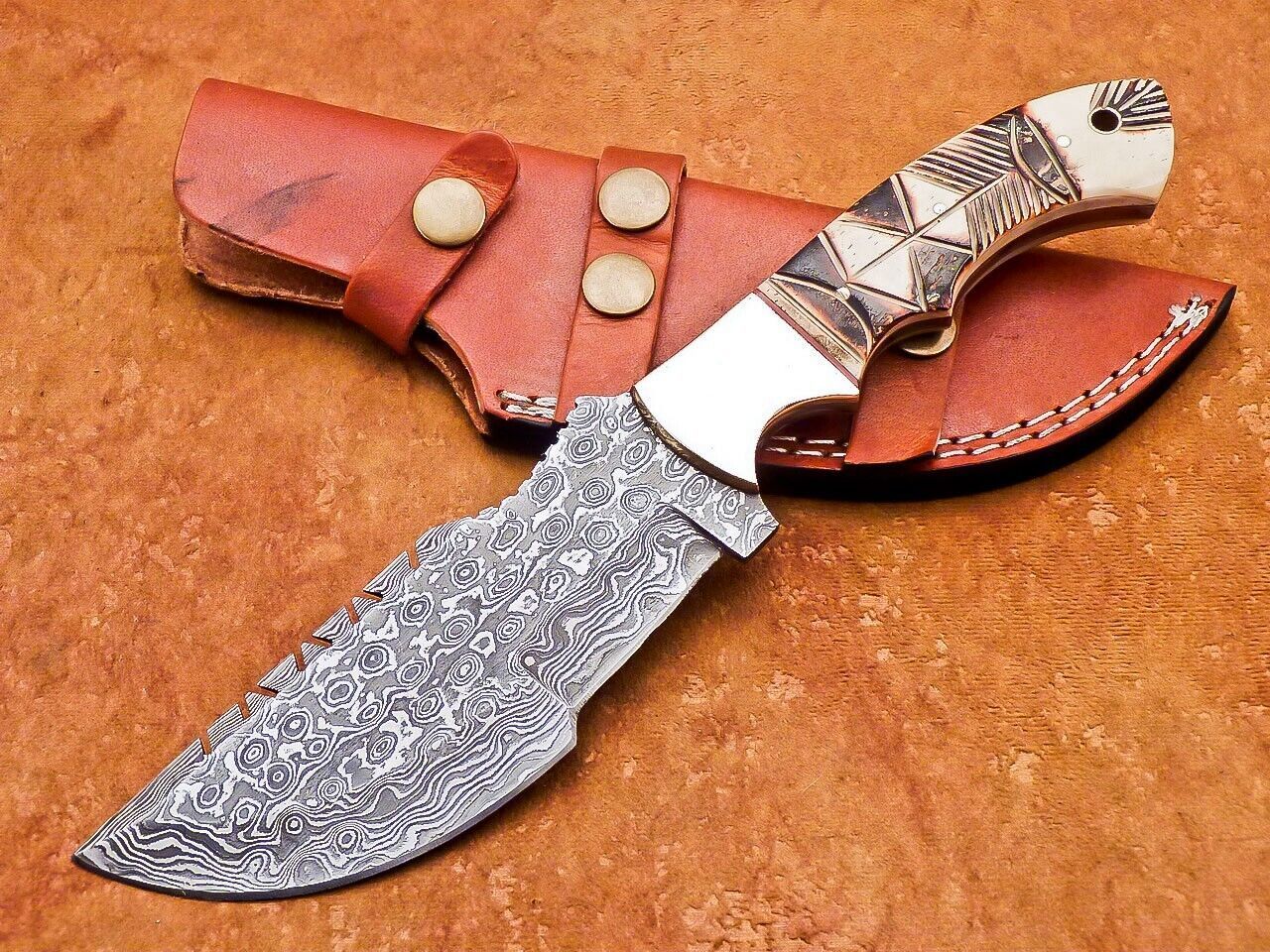 10" Heritage Forge Damascus Tracker Bowie Knife – Full Tang Engraved Camel Bone Handle
