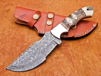 10" Heritage Forge Damascus Tracker Bowie Knife – Full Tang Engraved Camel Bone Handle