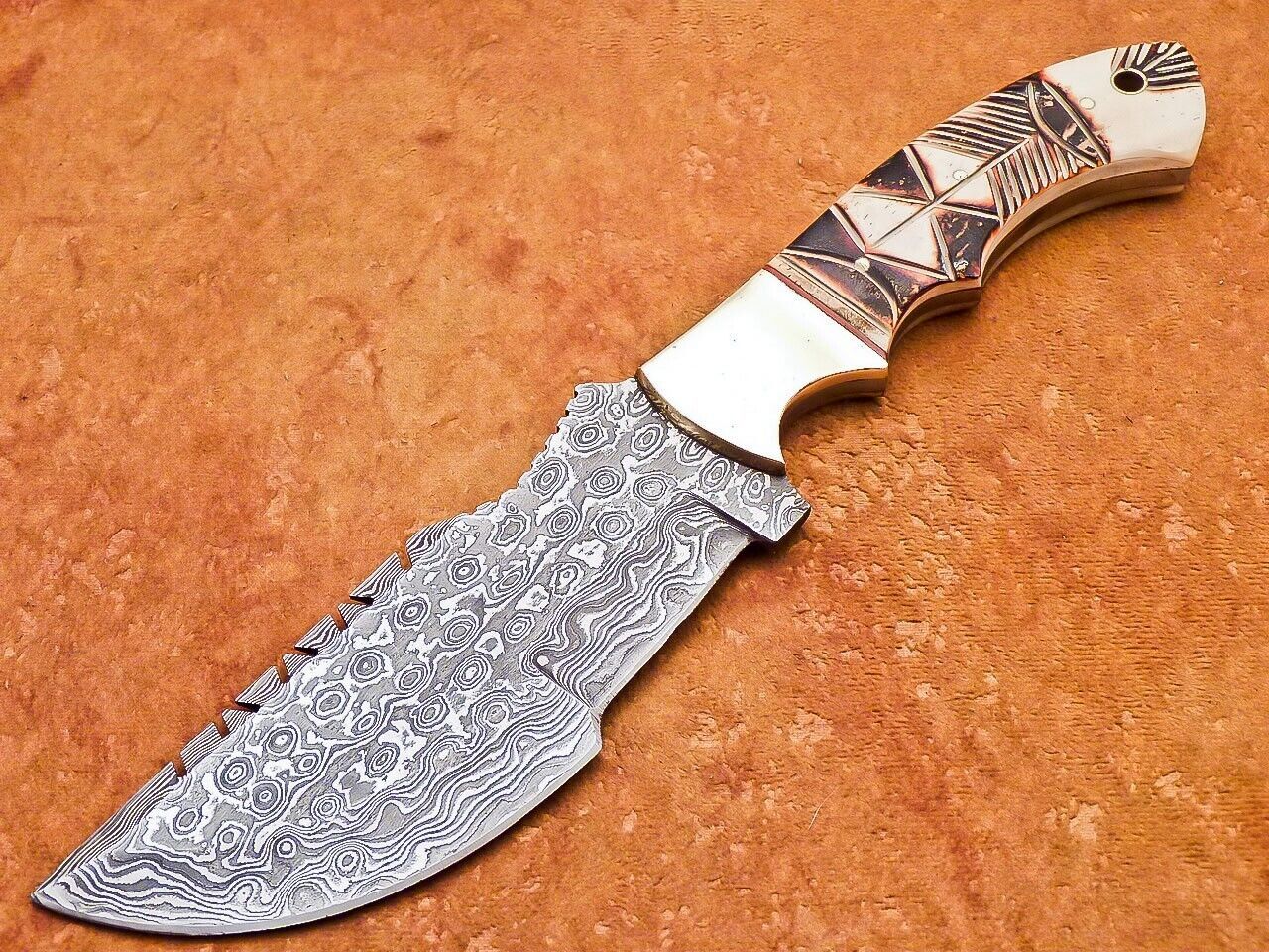 10" Heritage Forge Damascus Tracker Bowie Knife – Full Tang Engraved Camel Bone Handle