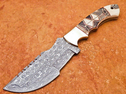 10" Heritage Forge Damascus Tracker Bowie Knife – Full Tang Engraved Camel Bone Handle
