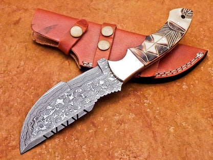 10" Heritage Forge Damascus Tracker Bowie Knife – Full Tang Engraved Camel Bone Handle