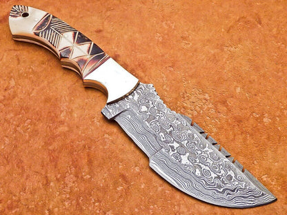 10" Heritage Forge Damascus Tracker Bowie Knife – Full Tang Engraved Camel Bone Handle