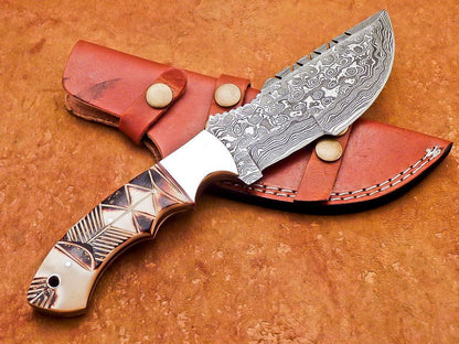 10" Heritage Forge Damascus Tracker Bowie Knife – Full Tang Engraved Camel Bone Handle