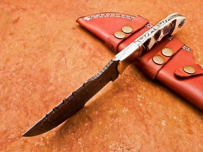10" Heritage Forge Damascus Tracker Bowie Knife – Full Tang Engraved Camel Bone Handle