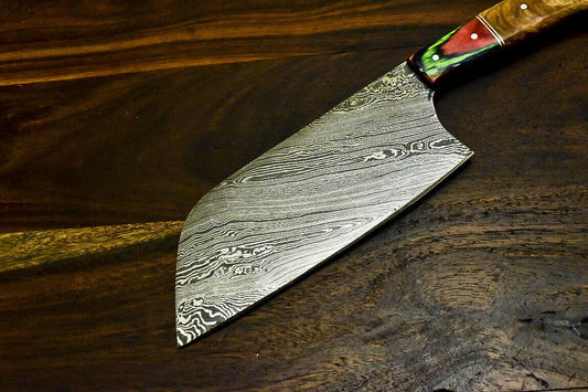 Custom Handmade Damascus Steel Hunting & Chef Knife with Olive Wood Handle, 6.2-Inch Blade, 11.2-Inch Overall