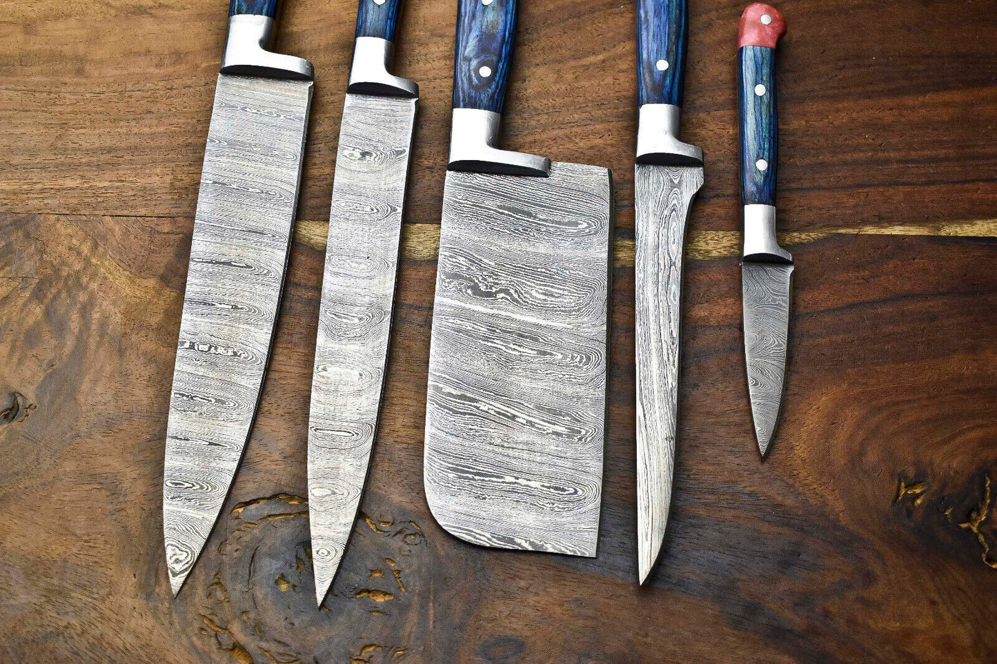 Lot of 5 Handmade Damascus Steel Blade Chef Knife Set – Full Tang, Hammered Finish