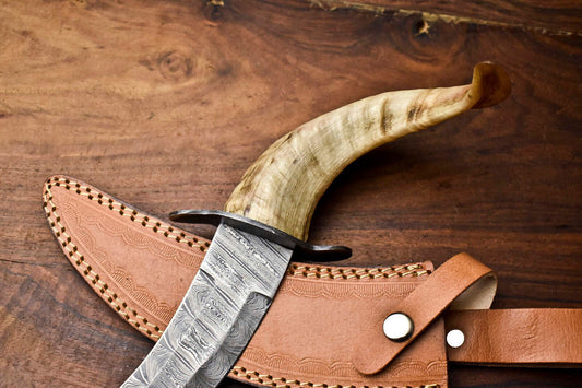 Heritage Forge 13 Inch Handmade Damascus Bowie Knife with Rams Horn Handle for Hunting and Camping
