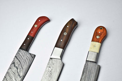 Set of 3 Handmade Damascus Steel Chef Knives – Custom Forged Kitchen Blades