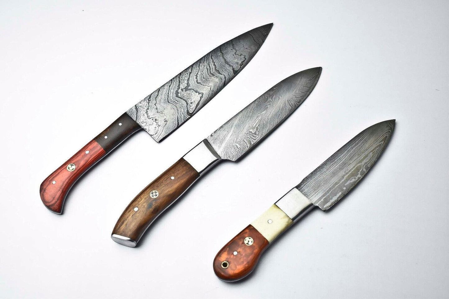 Set of 3 Handmade Damascus Steel Chef Knives – Custom Forged Kitchen Blades