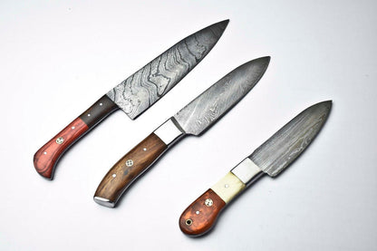Set of 3 Handmade Damascus Steel Chef Knives – Custom Forged Kitchen Blades