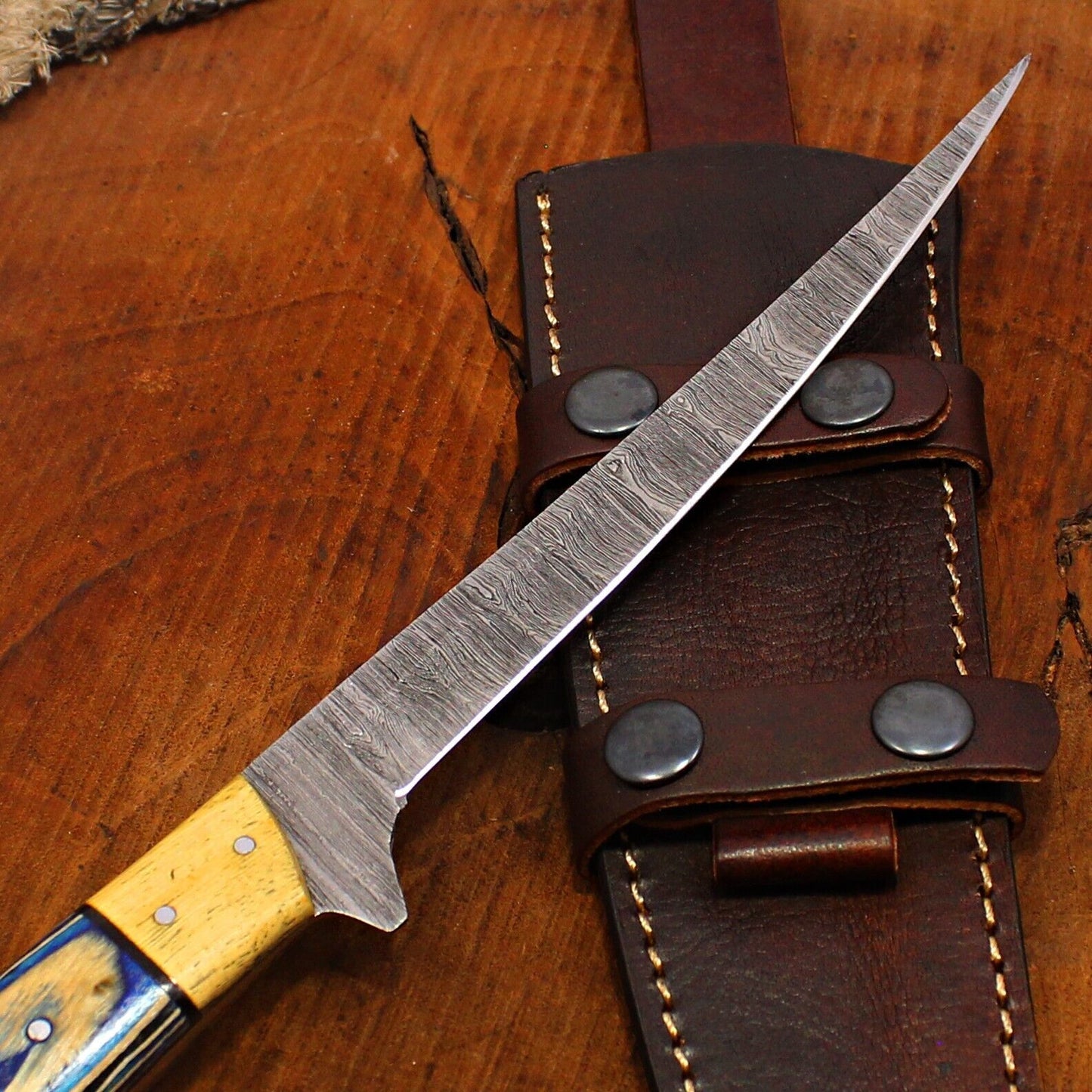 11" Custom Handmade Damascus Fillet Knife Fire Damascus Steel Fillet Knife