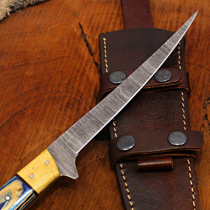 11" Custom Handmade Damascus Fillet Knife Fire Damascus Steel Fillet Knife