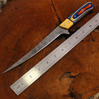 11" Custom Handmade Damascus Fillet Knife Fire Damascus Steel Fillet Knife