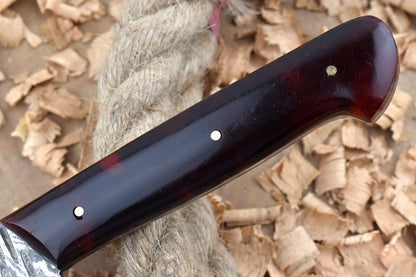 11” Custom Handmade Damascus Steel Chef Knife – Red & Black Raisin Thappa Handle