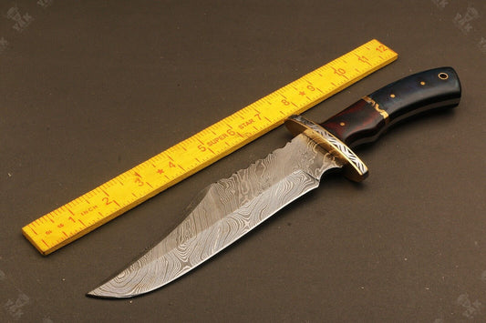 Heritage Forge 13 Inch Ladder Damascus Steel Bowie Knife with Micarta Handle for Hunting and Camping
