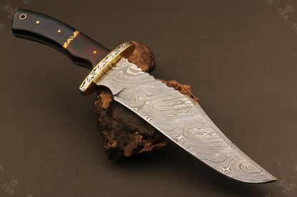 Heritage Forge 13 Inch Ladder Damascus Steel Bowie Knife with Micarta Handle for Hunting and Camping