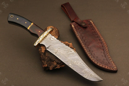 Heritage Forge 13 Inch Ladder Damascus Steel Bowie Knife with Micarta Handle for Hunting and Camping