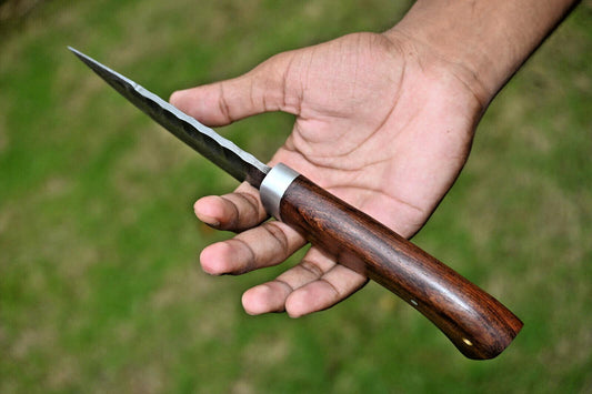 Custom Made Damascus Tracker Hunting Knife – 9" Hand Forged Full Tang Bushcraft, Camping & Survival Knife with Wood & Camel Bone Handle + Leather Sheath