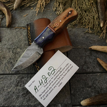 Heritage Forge 6 Inch Damascus Steel Skinner Hunting Knife with Wood Handle and Leather Sheath