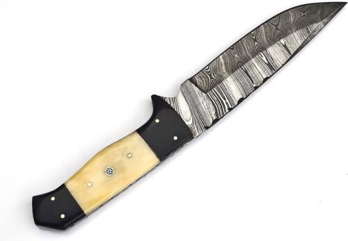 12" Handmade Damascus Bowie Knife | Camel Bone Handle with Leather Sheath
