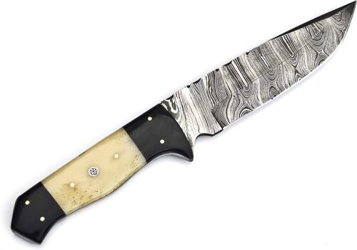 12" Handmade Damascus Bowie Knife | Camel Bone Handle with Leather Sheath