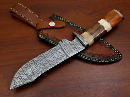 Heritage Forge 12" Damascus Steel Bowie Knife with Stained Camel Bone Handle
