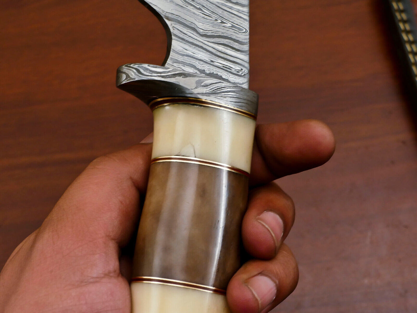 Heritage Forge 12" Damascus Steel Bowie Knife with Stained Camel Bone Handle
