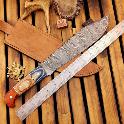 15 Inch Damascus Bowie Knife with Wood Handle Custom Handmade Hunting Knife