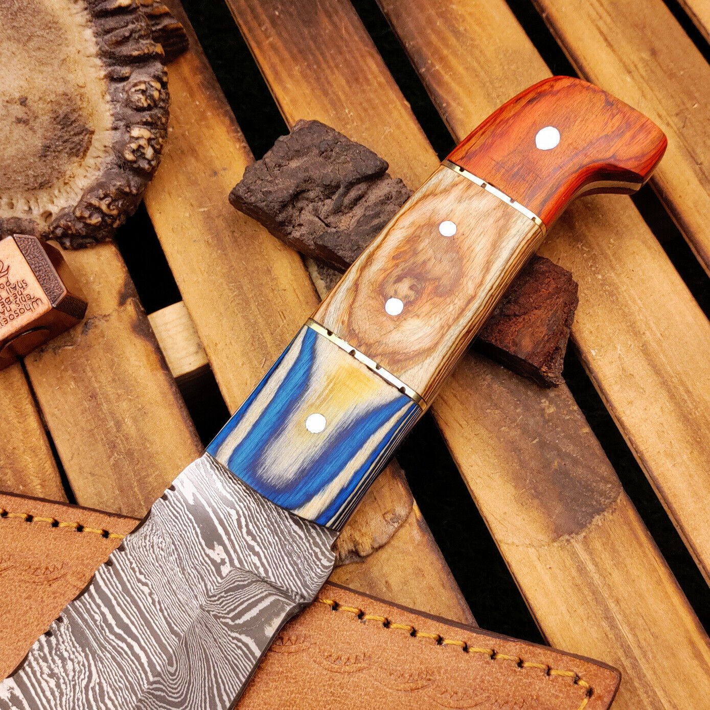 15 Inch Damascus Bowie Knife with Wood Handle Custom Handmade Hunting Knife