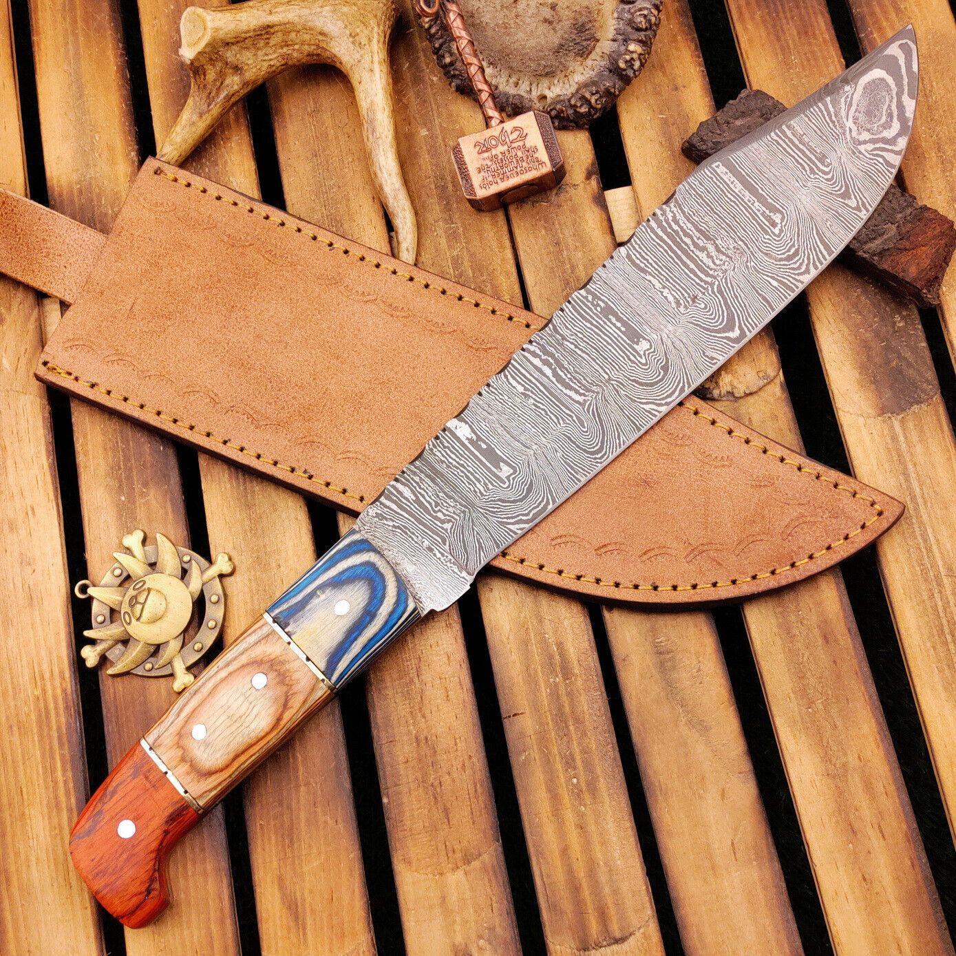 15 Inch Damascus Bowie Knife with Wood Handle Custom Handmade Hunting Knife