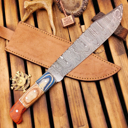 15 Inch Damascus Bowie Knife with Wood Handle Custom Handmade Hunting Knife