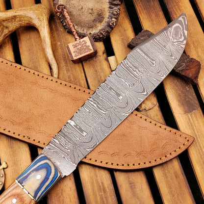 15 Inch Damascus Bowie Knife with Wood Handle Custom Handmade Hunting Knife