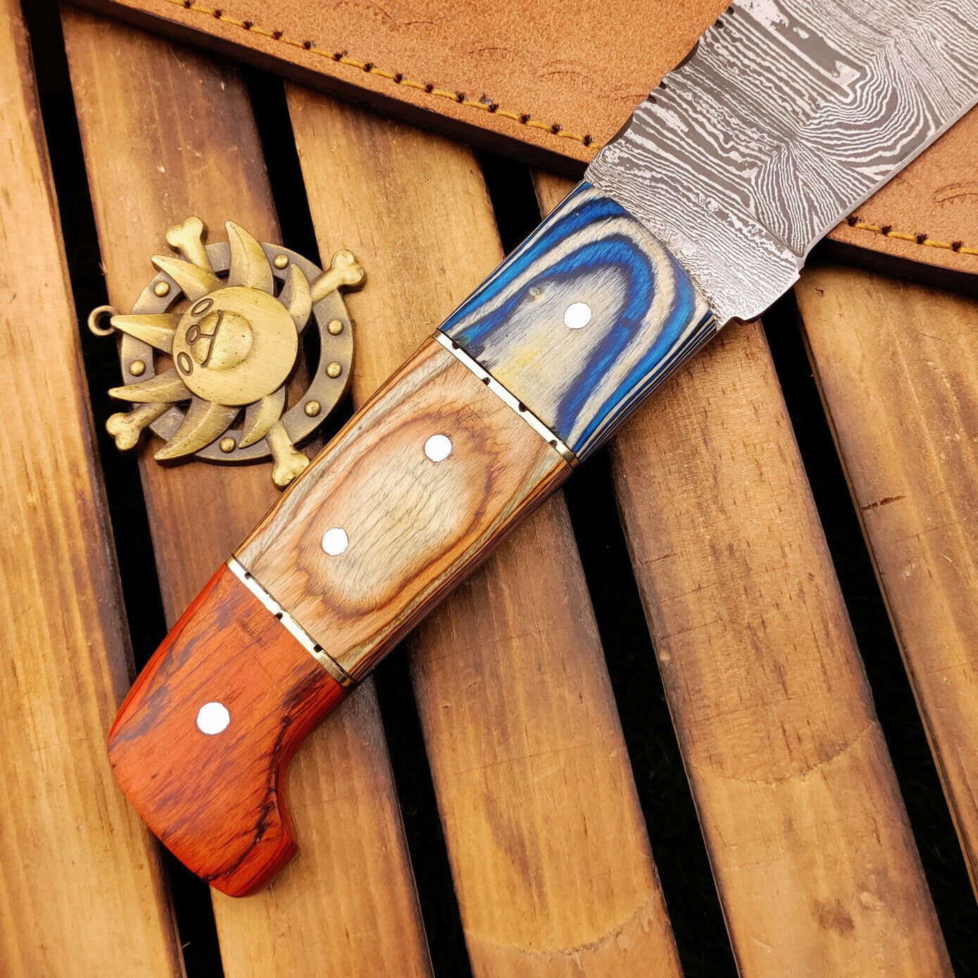 15 Inch Damascus Bowie Knife with Wood Handle Custom Handmade Hunting Knife