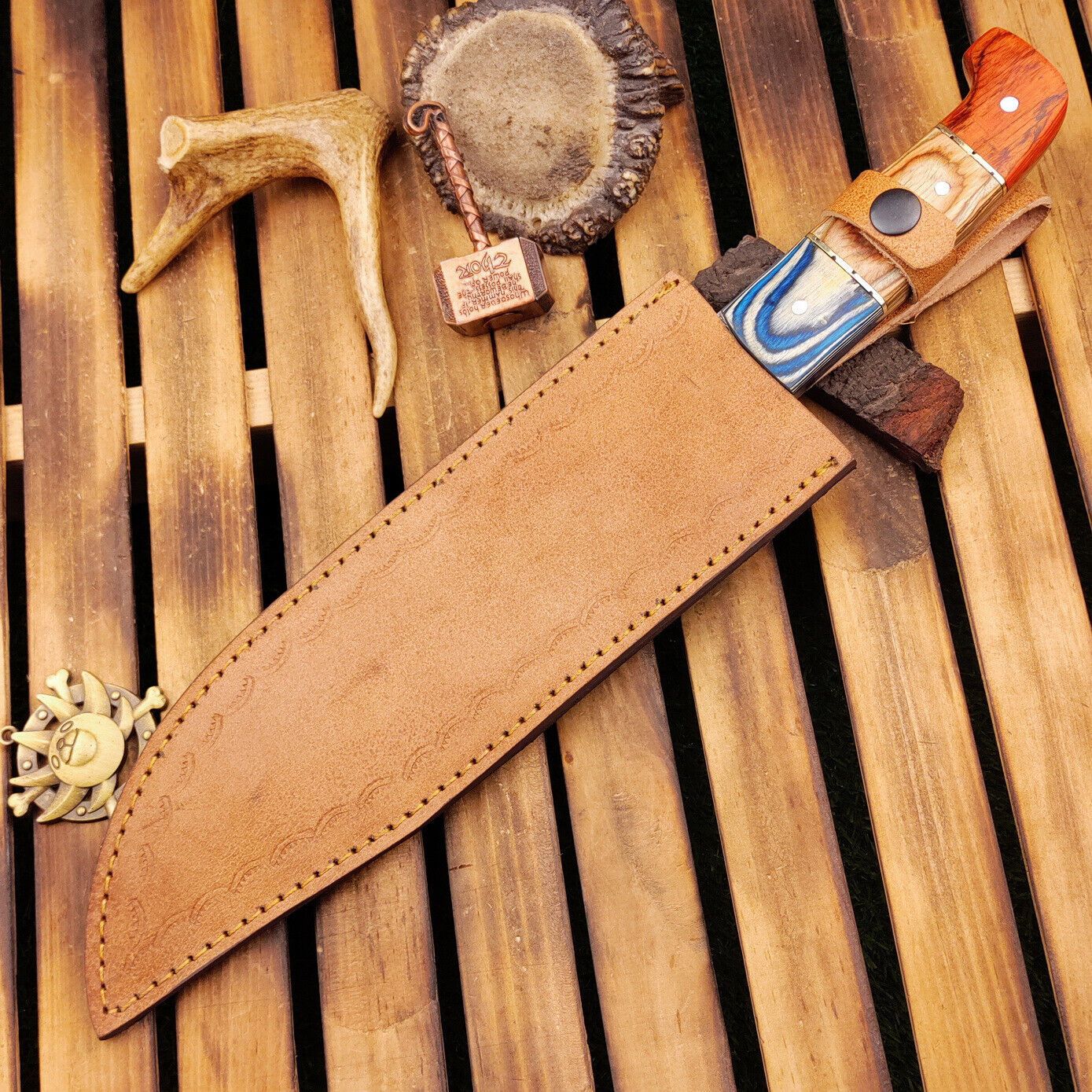 15 Inch Damascus Bowie Knife with Wood Handle Custom Handmade Hunting Knife