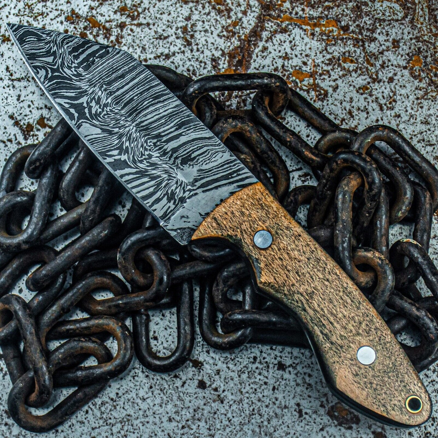 9" Tactical Damascus Bowie Knife with Wood Handle – Custom Handmade Hunting Knife