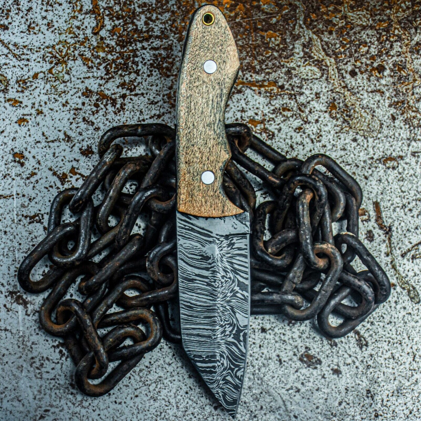 9" Tactical Damascus Bowie Knife with Wood Handle – Custom Handmade Hunting Knife