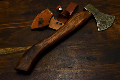 Handmade Damascus Steel Walnut Wood Tomahawk Hunting Axe Knife with Leather Sheath