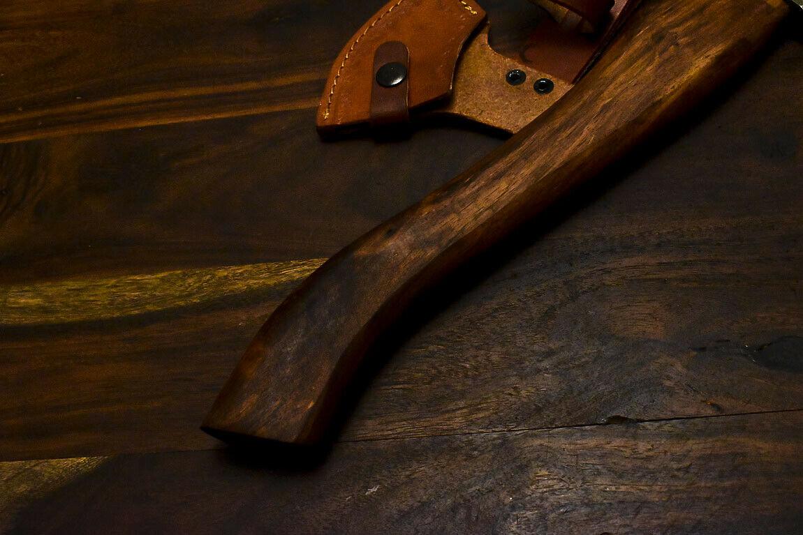 Handmade Damascus Steel Walnut Wood Tomahawk Hunting Axe Knife with Leather Sheath